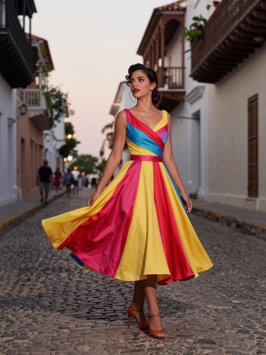Cartagena Elegant Woman Early Evening Street Scene at The Early Evening Light in in Cartagena, Colombia
