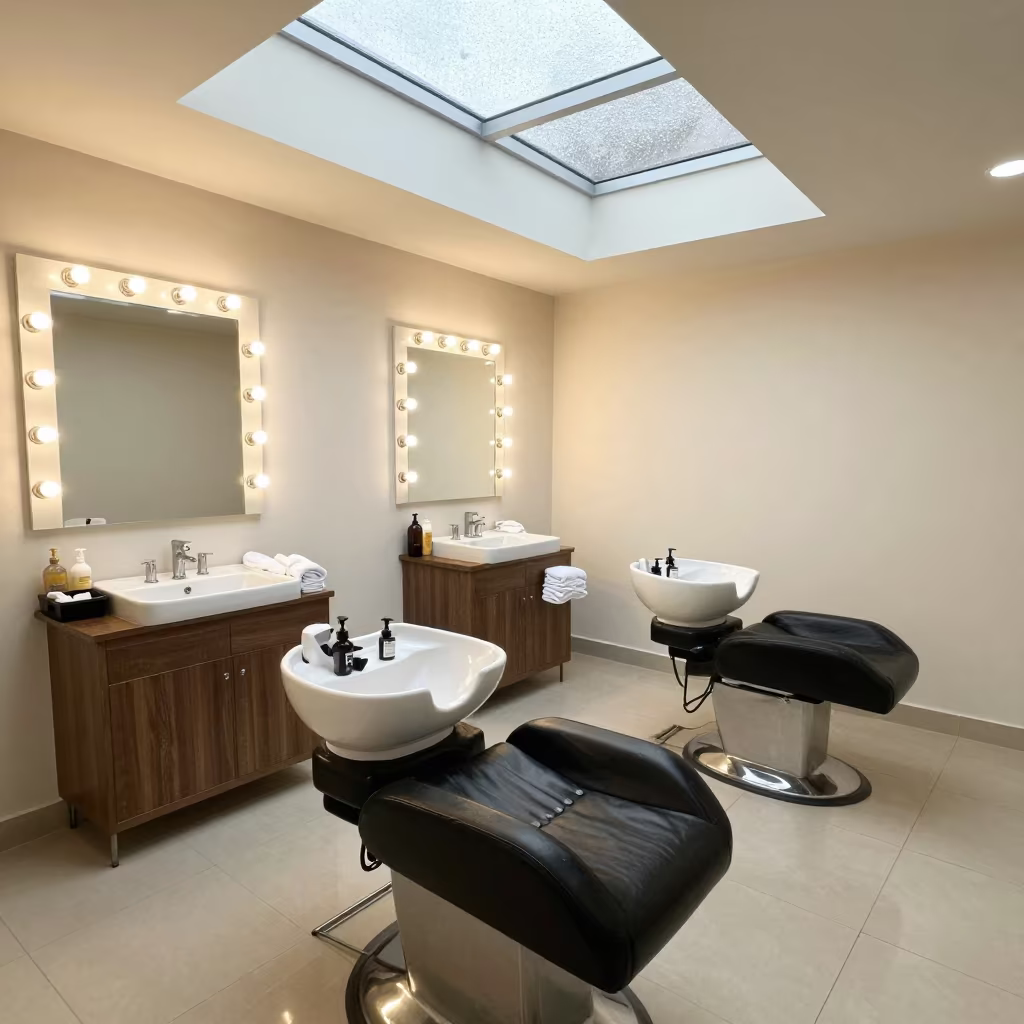 Cartagena Shampoo Lounge Basin Under Skylight in at a barber station beneath mirror bulbs near Cartagena