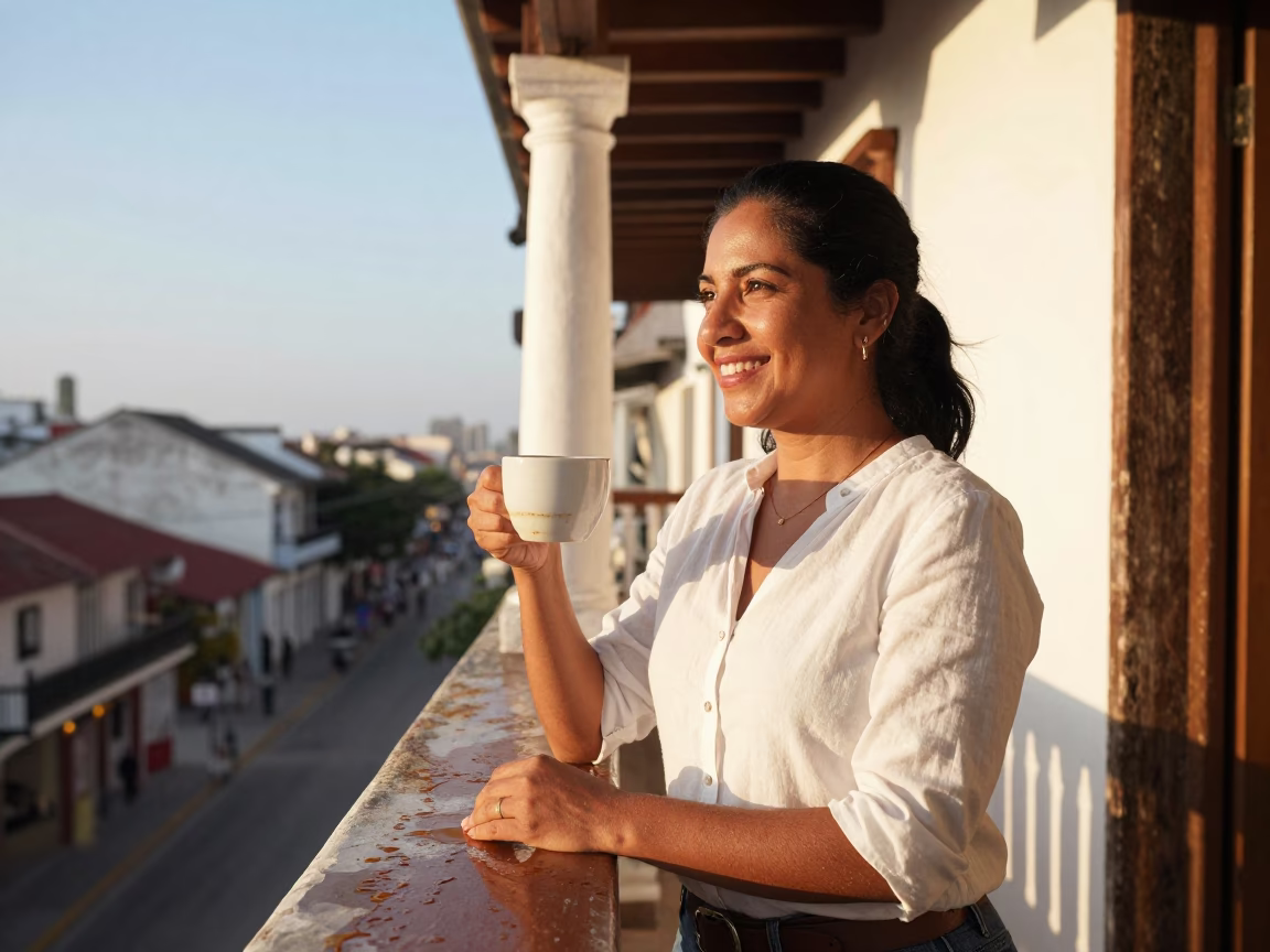 Cartagena Smiling Local Woman at Nautical Dawn Light in in Cartagena, Colombia