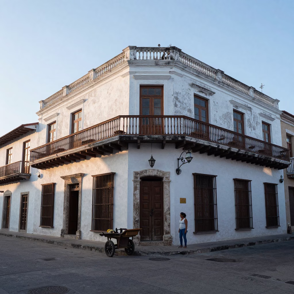 Cartagena Street Corner at Sunrise Light in in Cartagena, Colombia