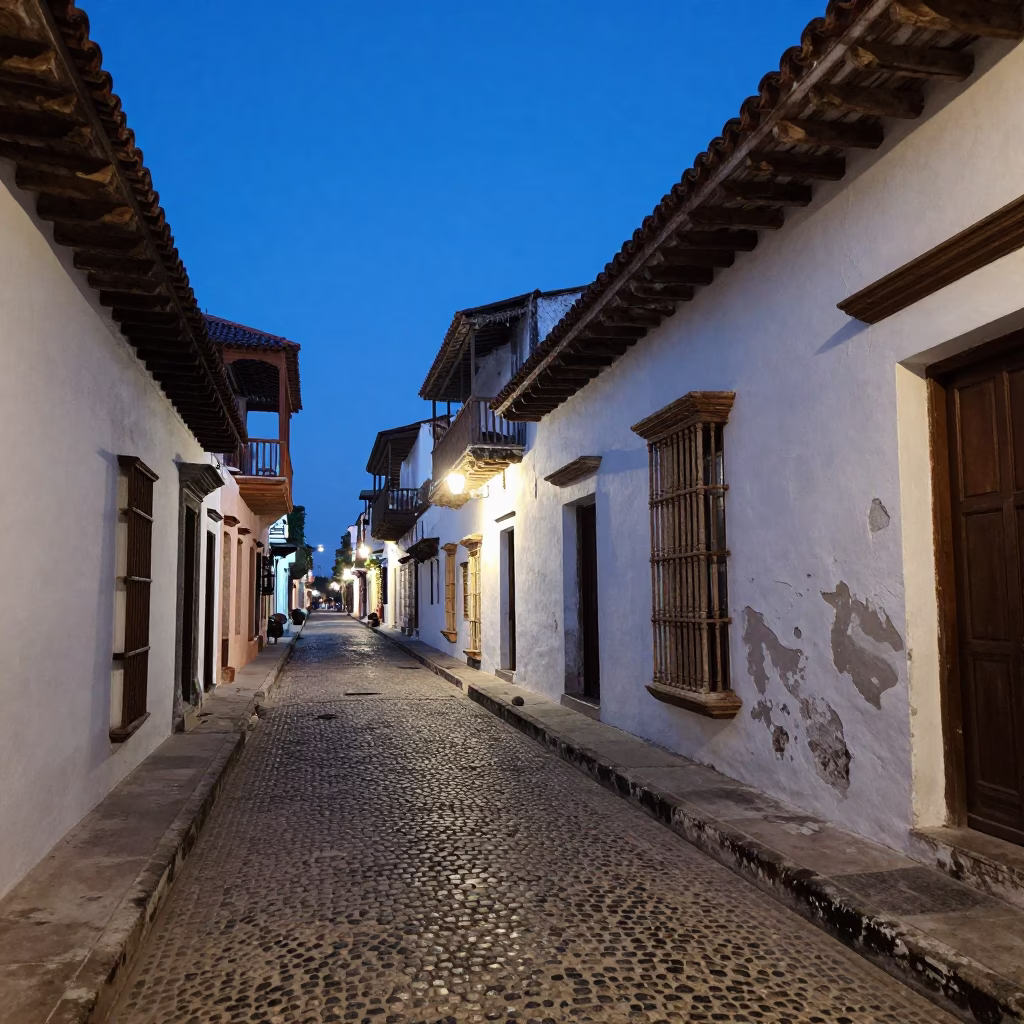 Cartagena Street Scene at The Last Blue Light Of Evening in in Cartagena, Colombia