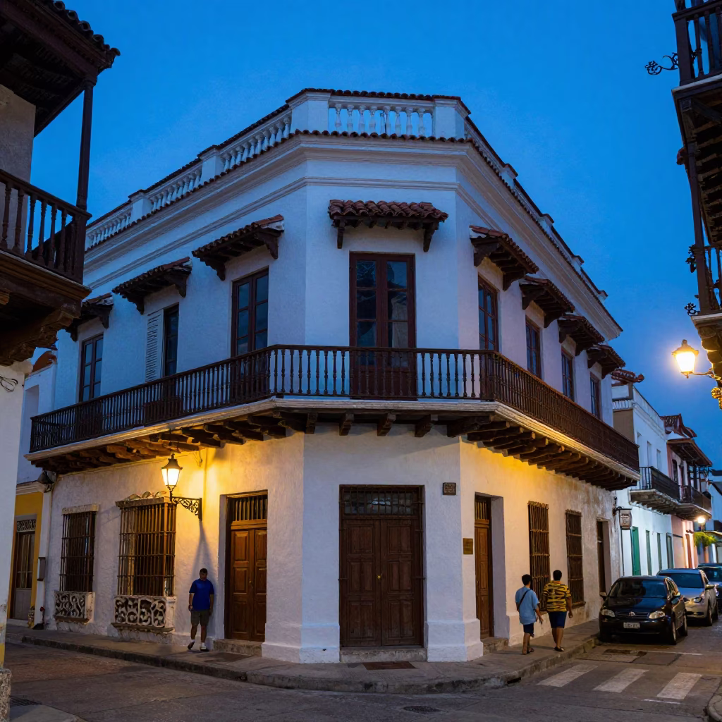 Cartagena Street Scene at The Last Blue Light Of Evening in in Cartagena, Colombia