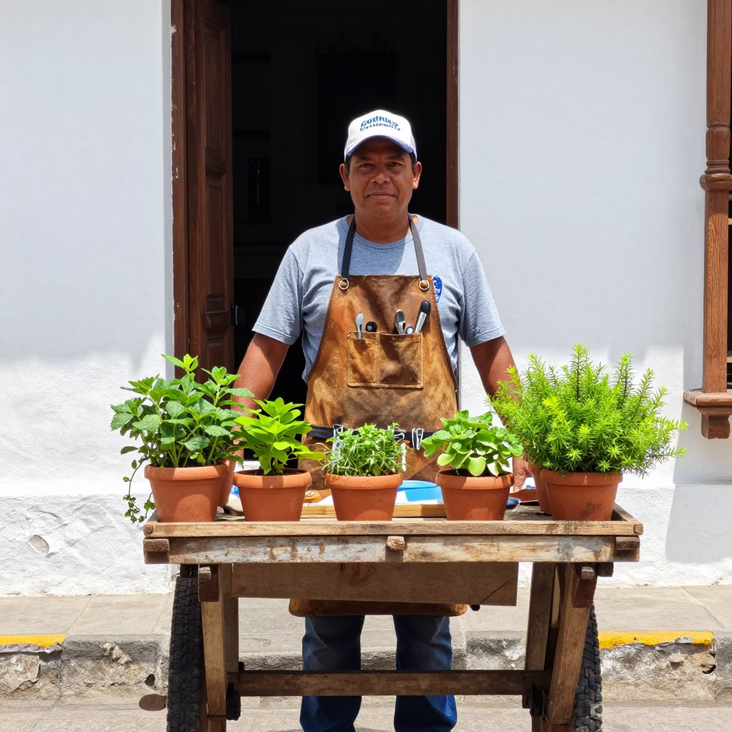 Cartagena Street Vendor Noon Light With Tool Aprons And Potted Herbs in in Cartagena, Colombia