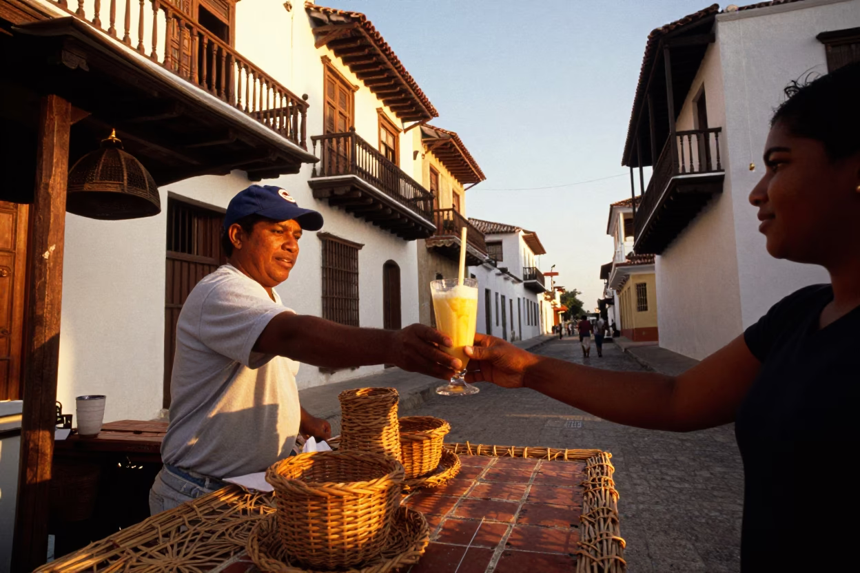 Cartagena Sunset Street Scene with Mango Lassi and Wicker Shadows in in Cartagena, Colombia