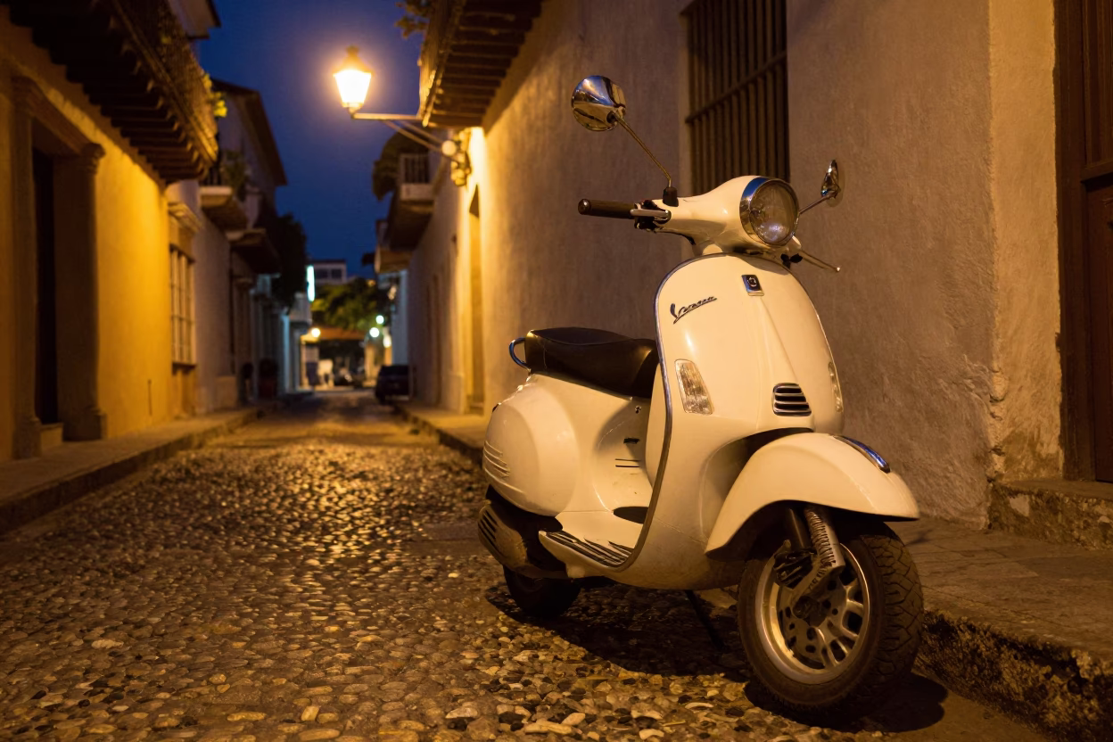 Cartagena Vespa Parked at Midnight Light in in Cartagena, Colombia