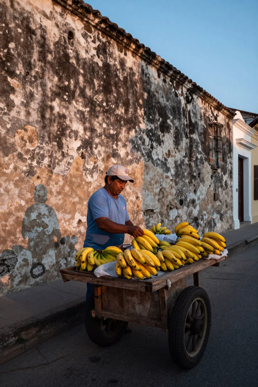 Cartagenan street vendor selling fresh bananas before sunrise in historic colonial city in in Cartagena, Colombia