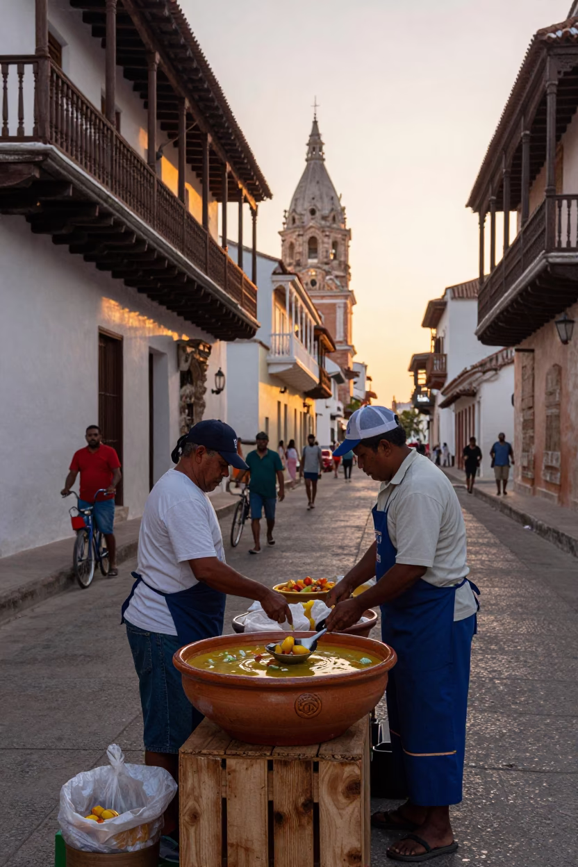 Cartagenian Dawn Street Scene with Ceramic Bowl and Brass Fixtures at First Light in in Cartagena, Colombia