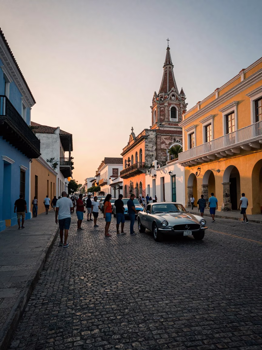 Cartagenian Dawn Street Scene with Vintage Sports Car and Local Interaction in in Cartagena, Colombia