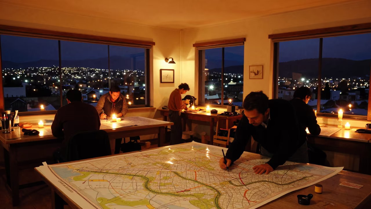 Cartographer Drawing Map by Candlelight in La Victoria in in a workshop in La Victoria