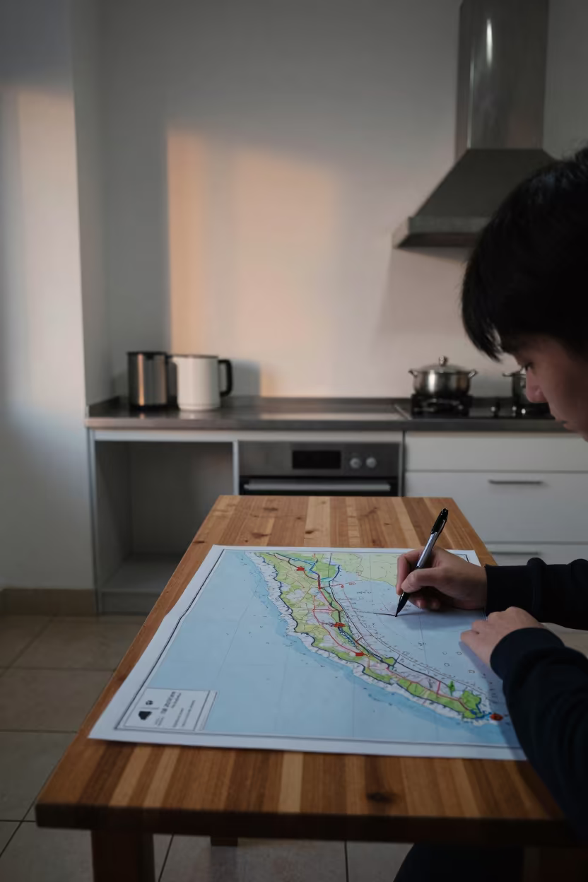Cartographer Draws Qingdao Coastline at Dawn in in a kitchen in Qingdao