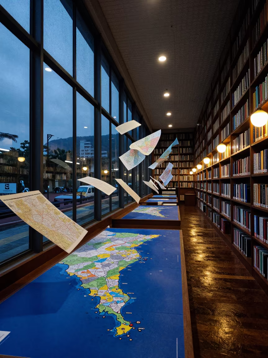 Cartographer Mapping Floating Coastlines in Twilight Library in in a library reading room in Ciudad Guayana