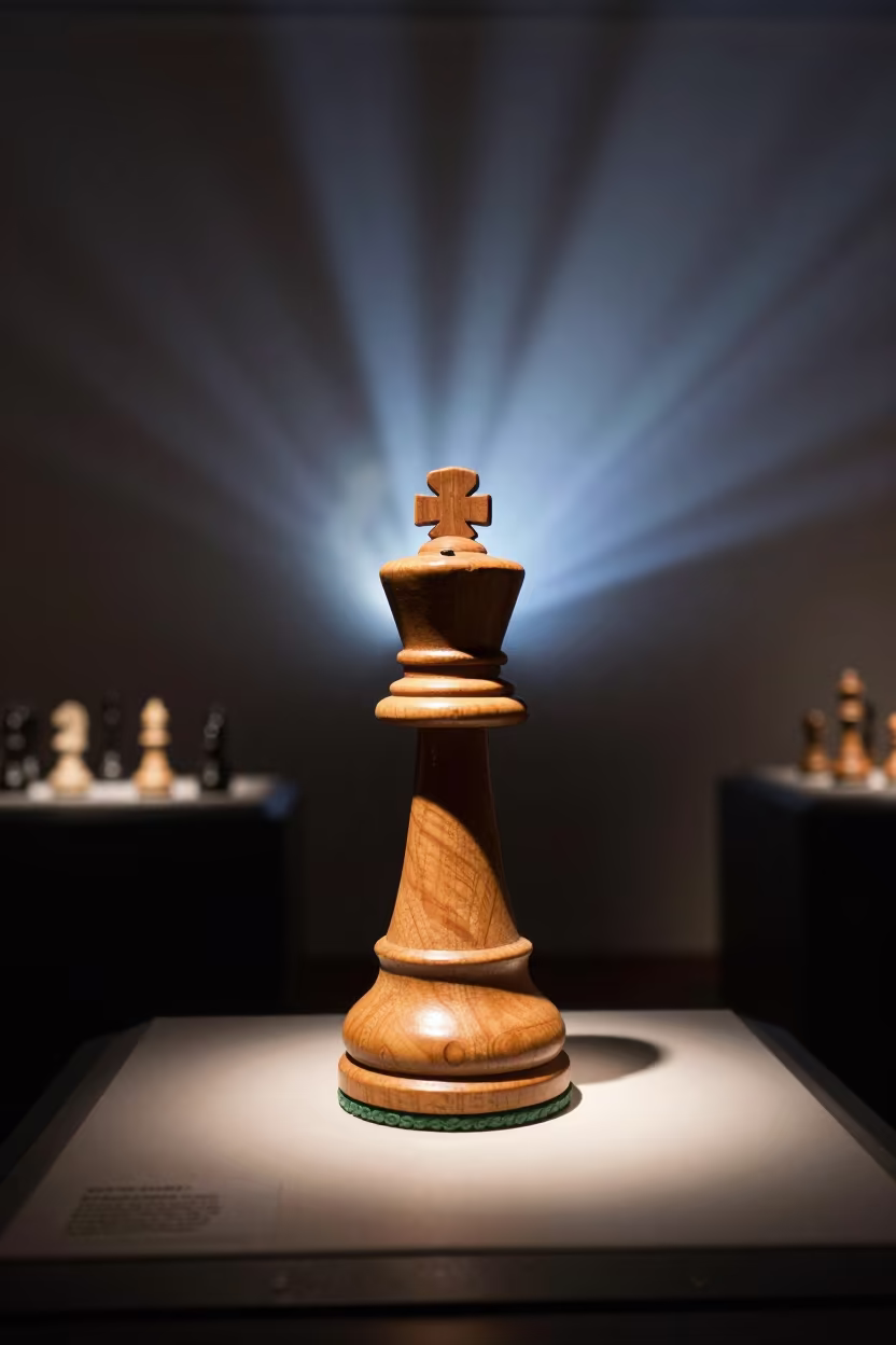 Carved Chess King on Museum Plinth Brasov Night in on a museum plinth in Brasov