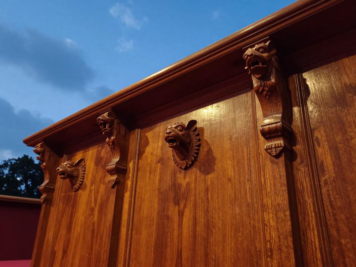 Carved Choir Stalls with Mythical Beasts in Delhi Concert Hall in in a concert hall in Shahpur Jat, Delhi