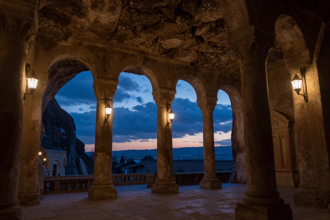 Carved Columns in Indigo Twilight Beijing Shrine in in a shrine lined with lanterns in Beijing