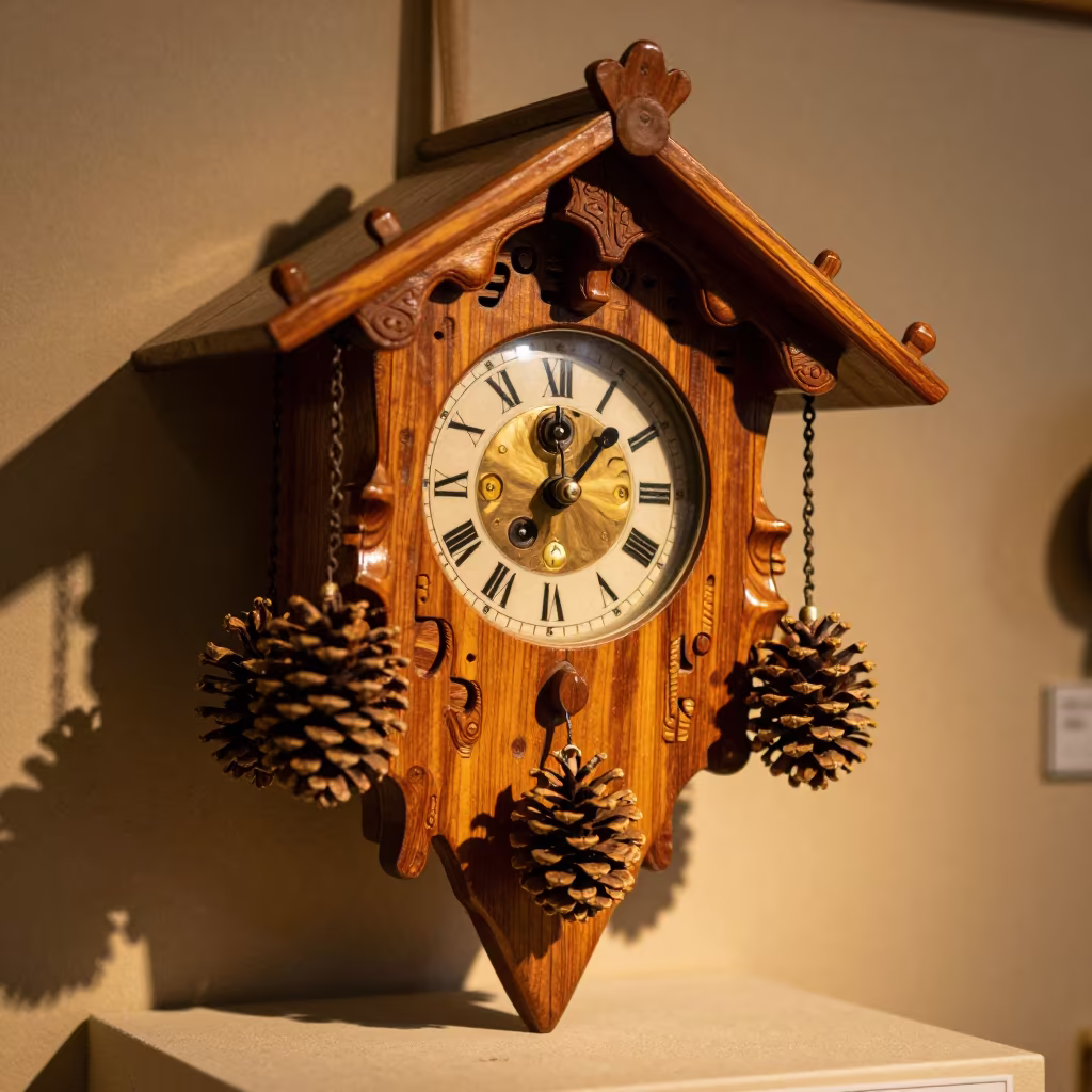 Carved Cuckoo Clock Pine Weights Mekelle Museum in on a museum plinth in Mekelle
