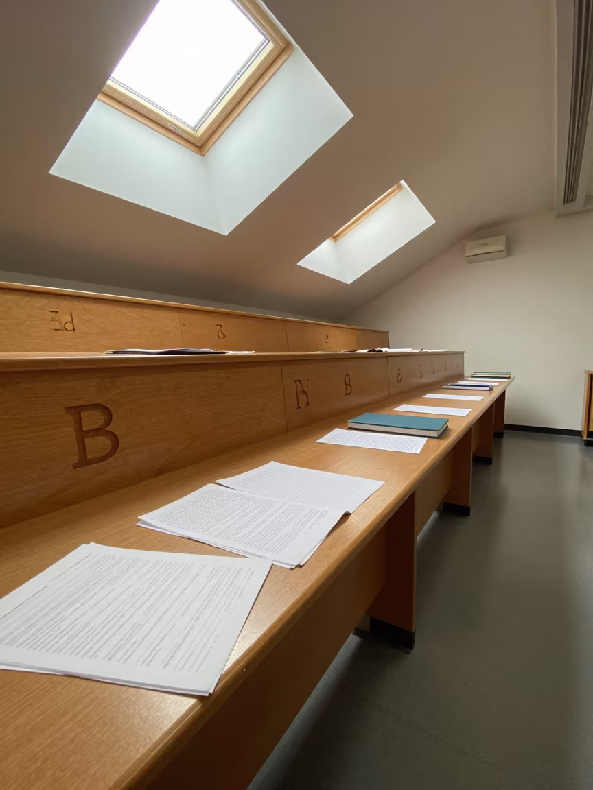 Carved Initials on Exam Desk in Bremen Seminar in at a seminar table covered in notes in Bremen