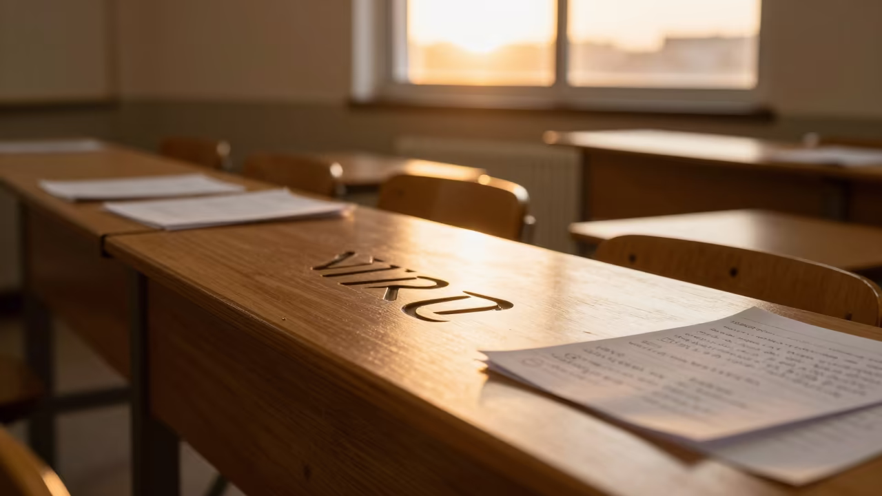 Carved Initials on Seminar Desk in Amber Light in at a seminar table covered in notes in Vitarte