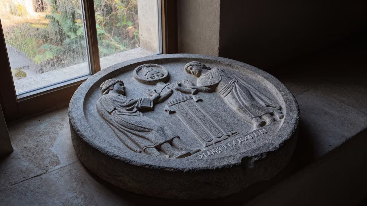 Carved Last Judgment Tympanum on Stone Ledge in on a stone ledge near Bailundo