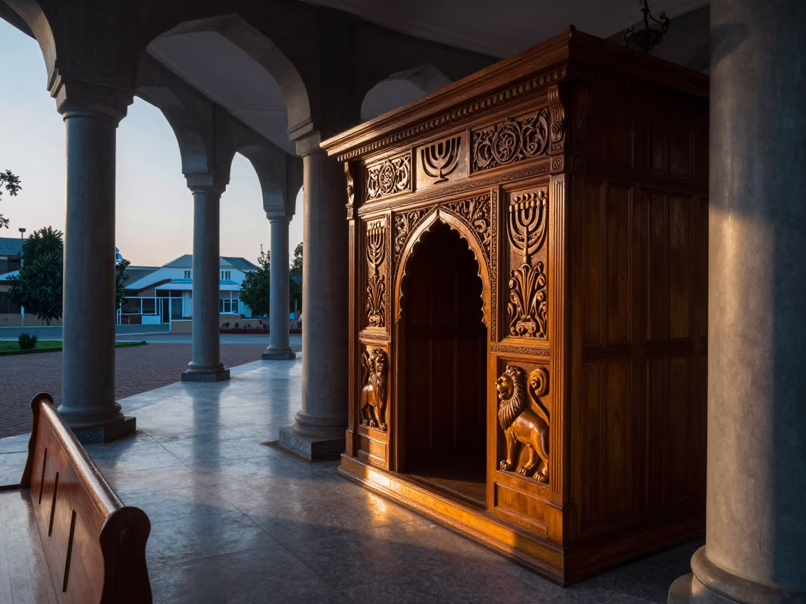 Carved Lions and Menorahs in Abuja Synagogue in beside a carved Torah ark in Abuja