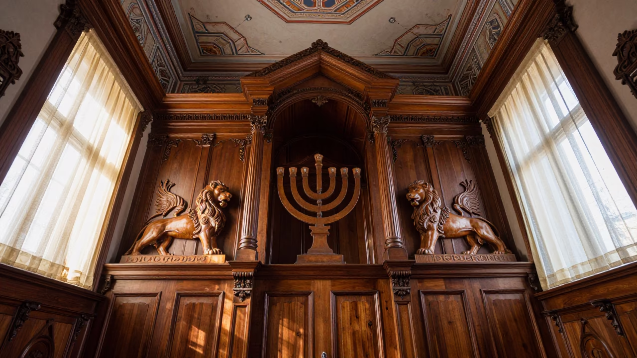 Carved Lions and Menorahs in Poznan Synagogue in beneath a painted synagogue ceiling in Poznan