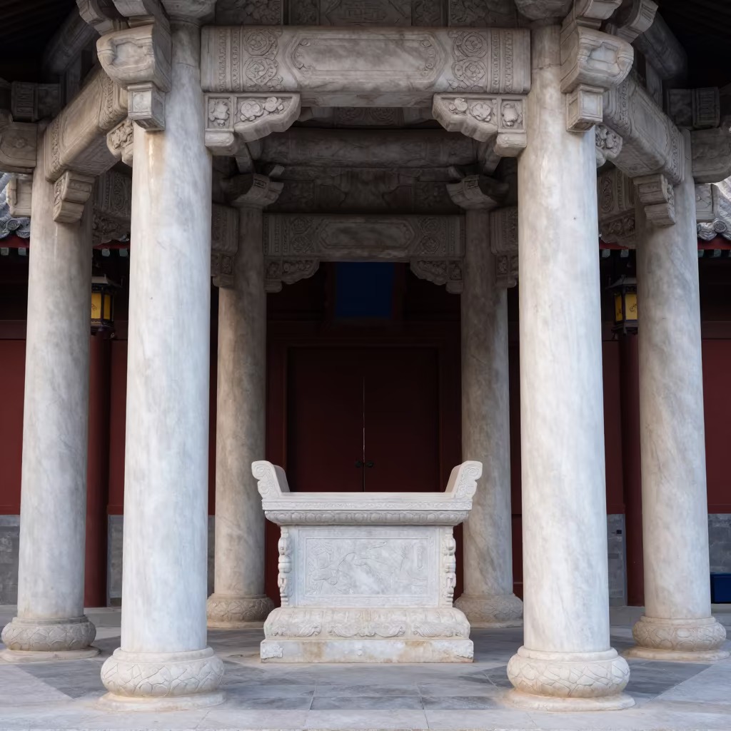Carved Marble Column in Beijing Temple Portico in at the foot of a stone altar in Sanlitun, Beijing