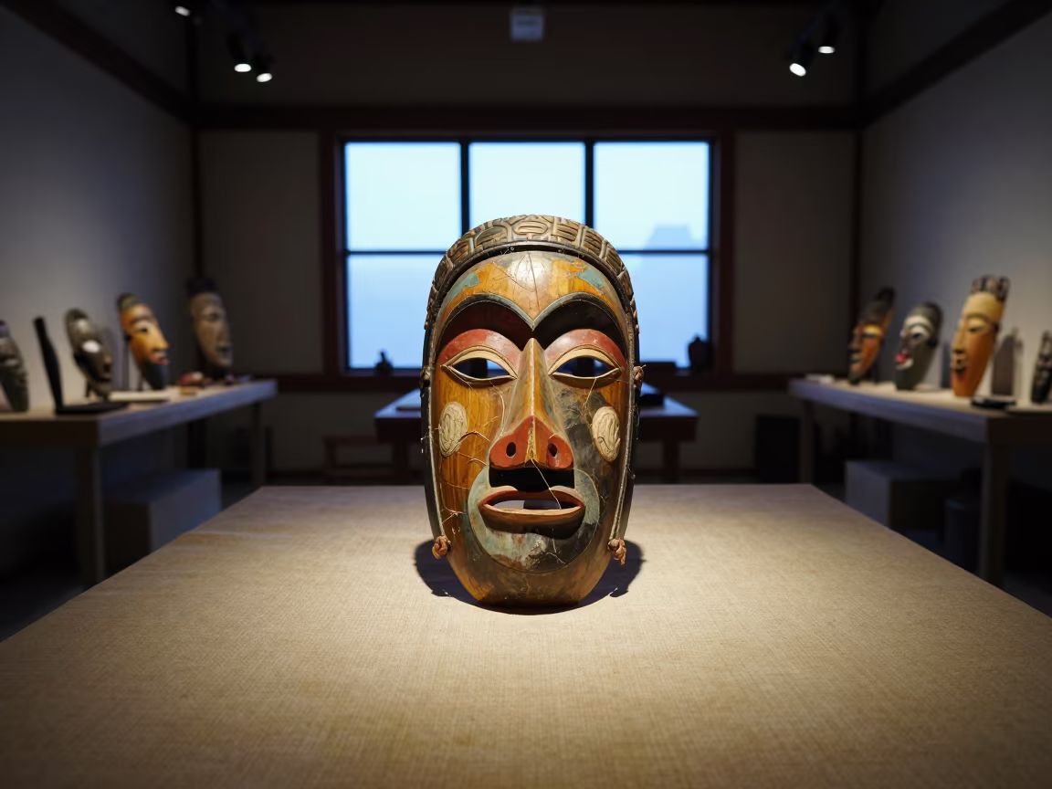 Carved Mask on Textile Table in Denver Temple in on a textile-covered table in Highlands, Denver