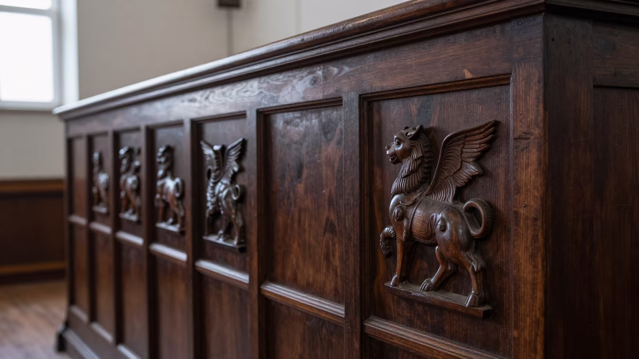 Carved Misericords of Mythical Beasts on Choir Stall in in a rehearsal room in Bishkek