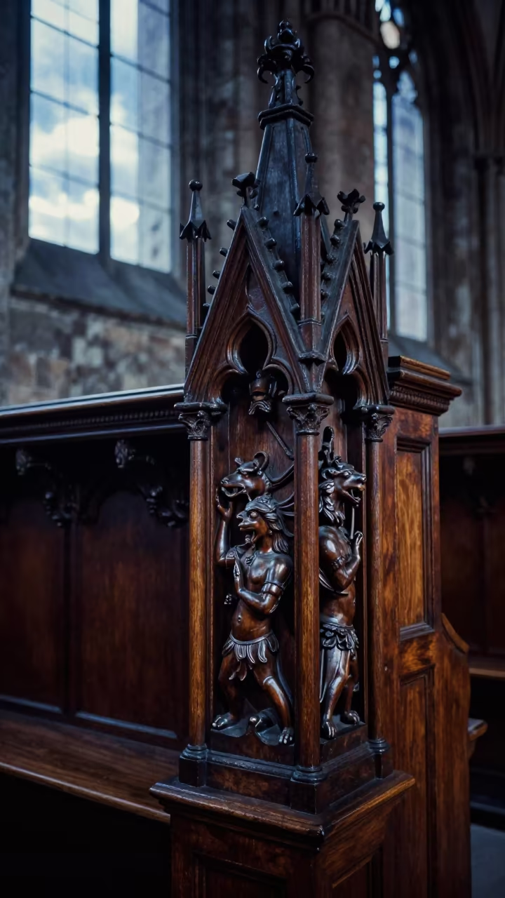 Carved Mythical Beasts on Cathedral Choir Stalls in in a concert hall in Wroclaw