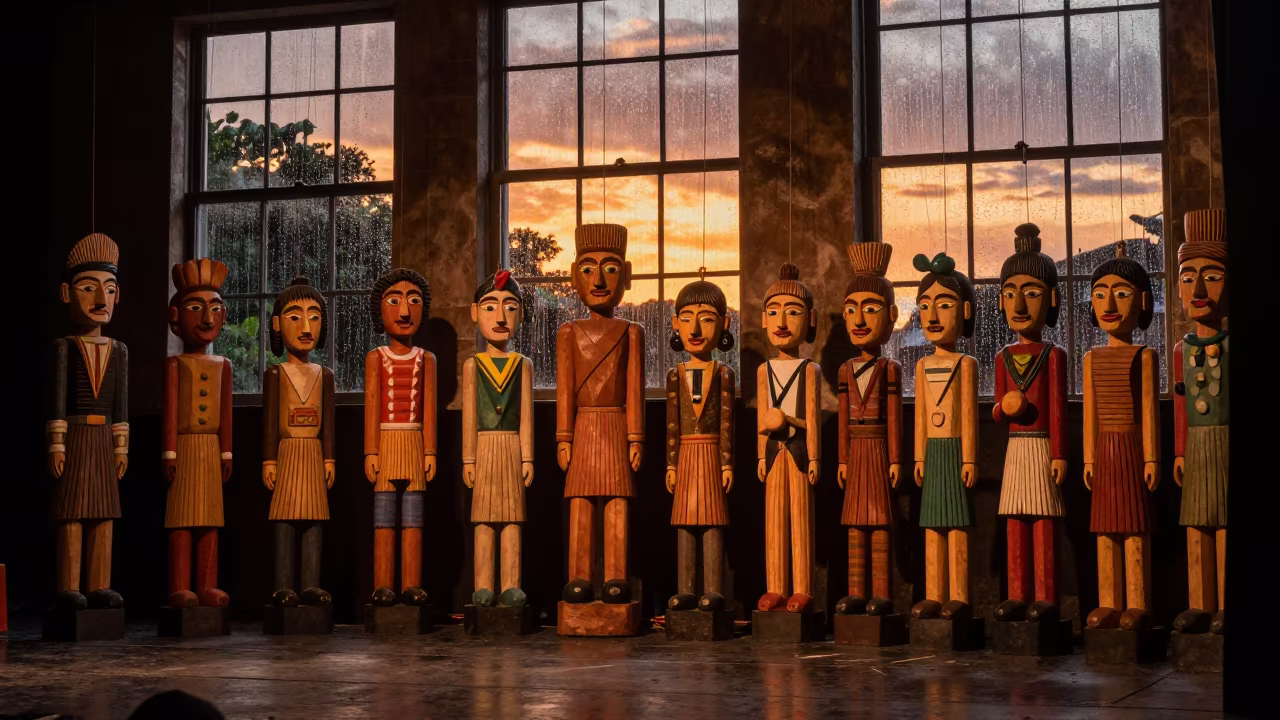 Carved Puppet Figures Backstage at Sunset in on a dimly lit stage in Puerto Ayacucho