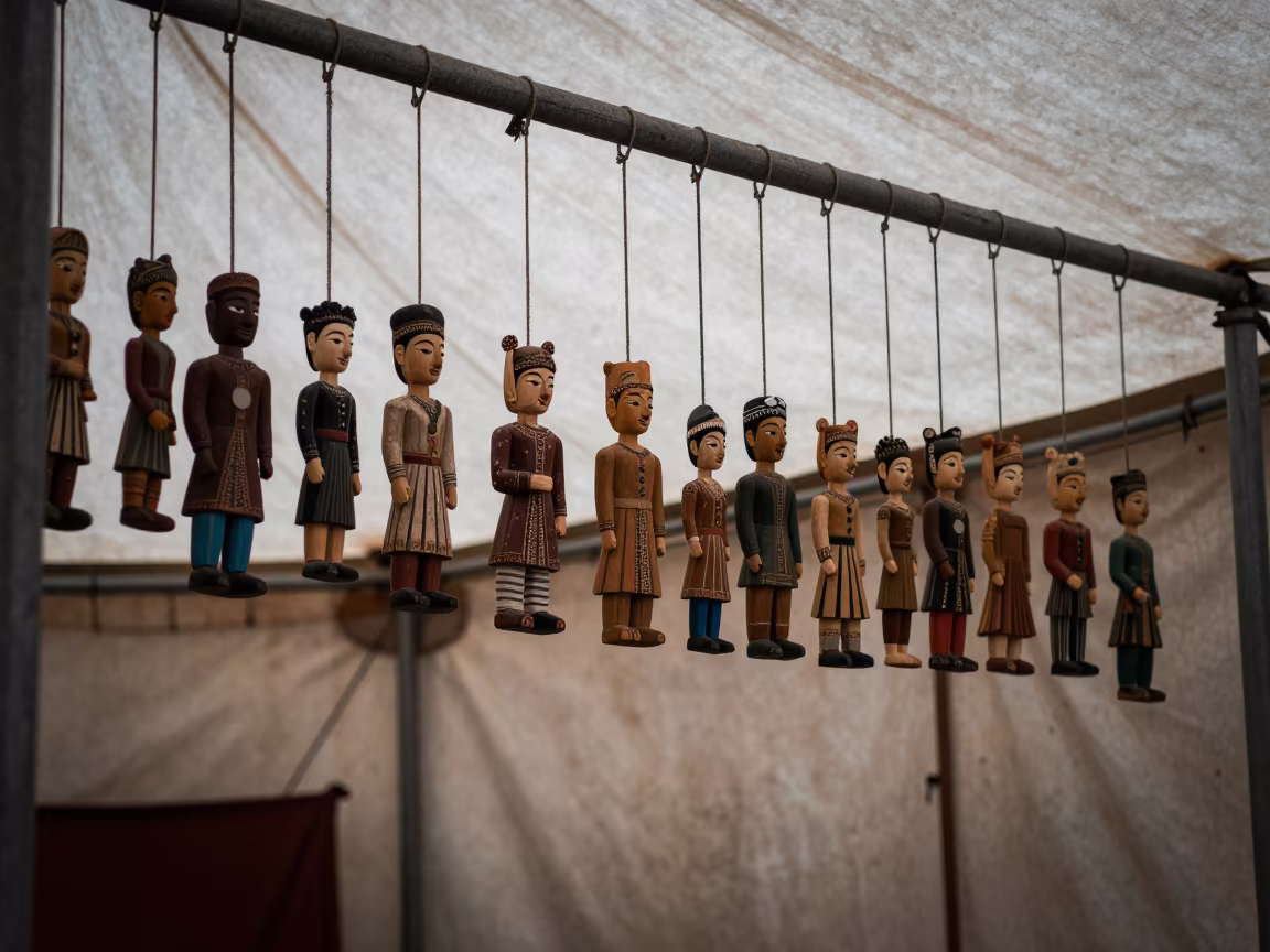 Carved Puppets Hanging in Circus Tent Backstage in under a circus tent in Shah Faisal Town