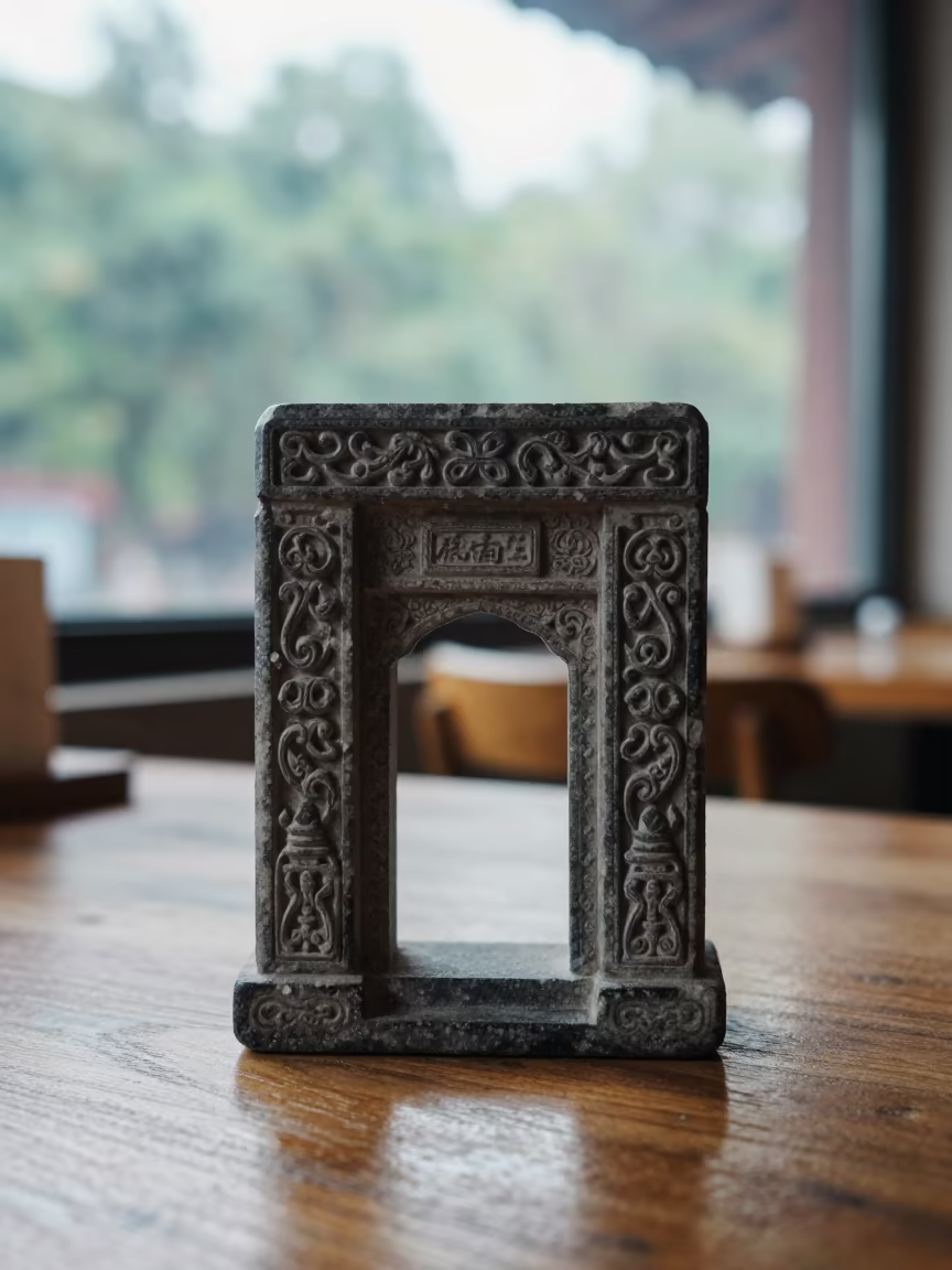 Carved Stone Doorway on Cafe Table in Xian in on a cafe table by a window in Xian