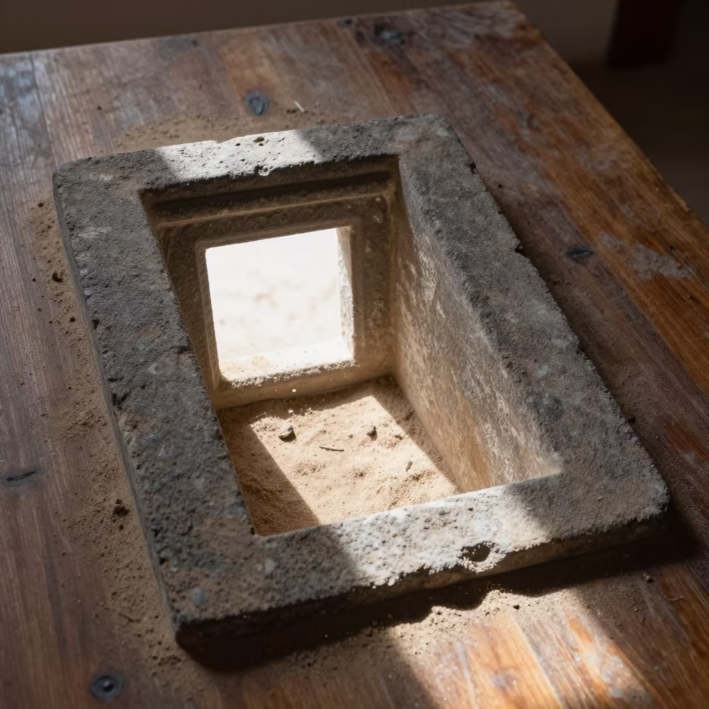 Carved Stone Doorway on Dusty Library Table in on a dusty library table near Cabo San Lucas