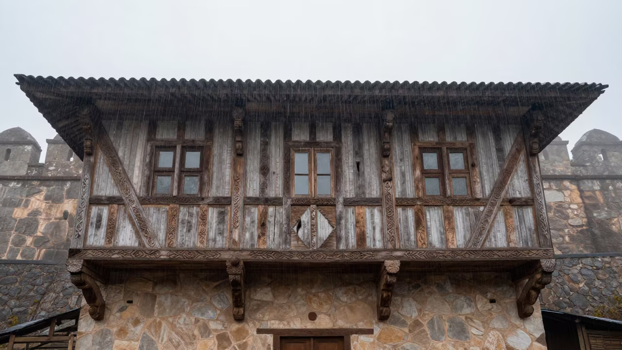 Carved Timber Facade at Misty Dawn Near Assela in outside a wind-scoured fortress wall near Assela