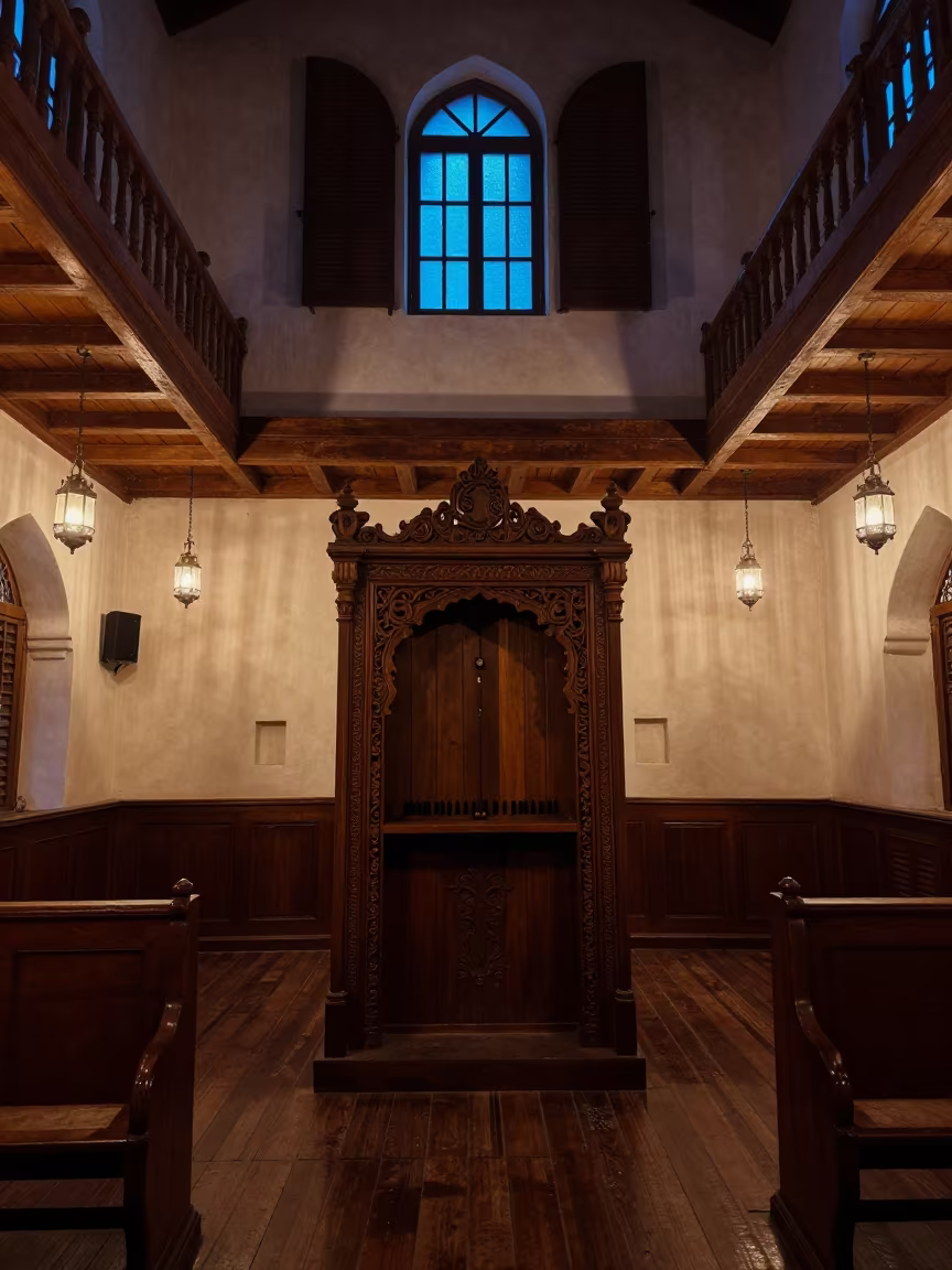 Carved Torah Ark Silhouette in Khuzdar Synagogue in inside a timber synagogue hall in Khuzdar