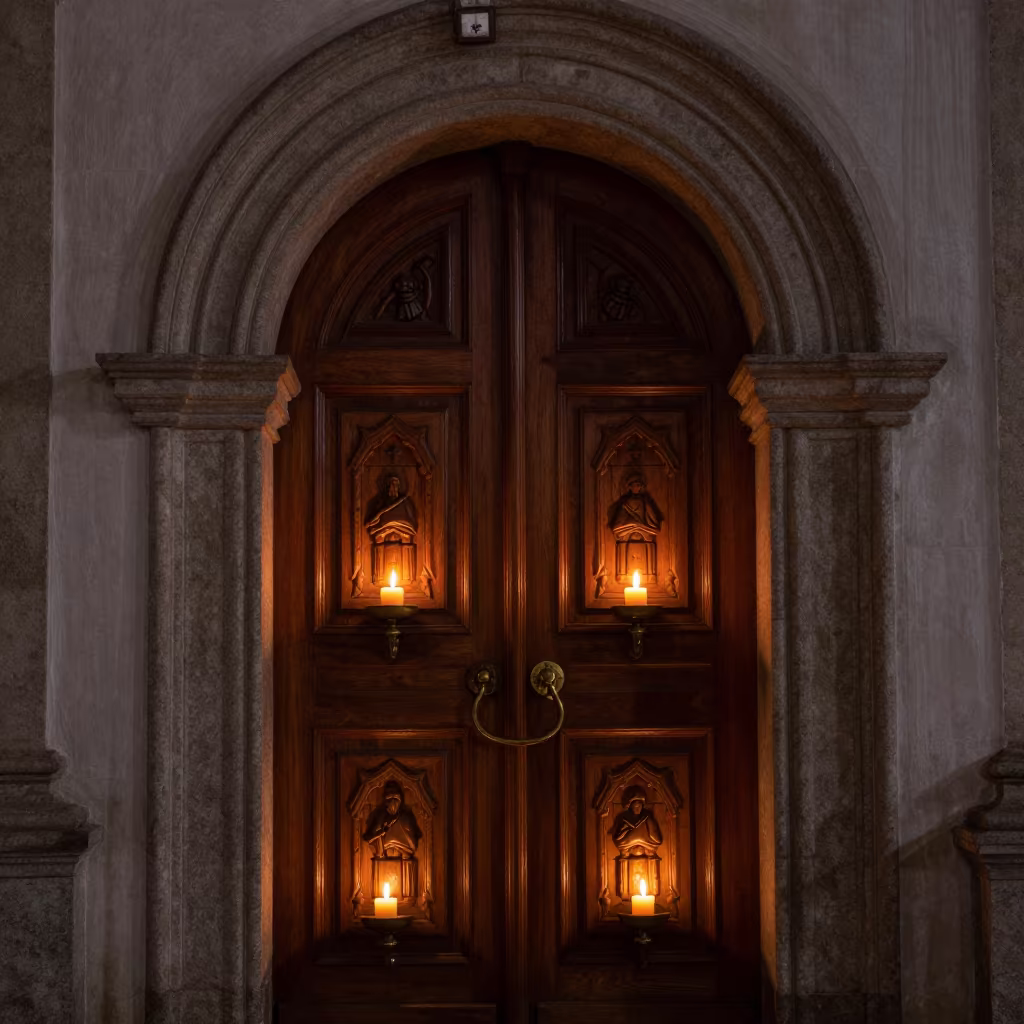 Carved Wooden Church Door in Candlelit Recife Nave in inside a candlelit nave in Recife