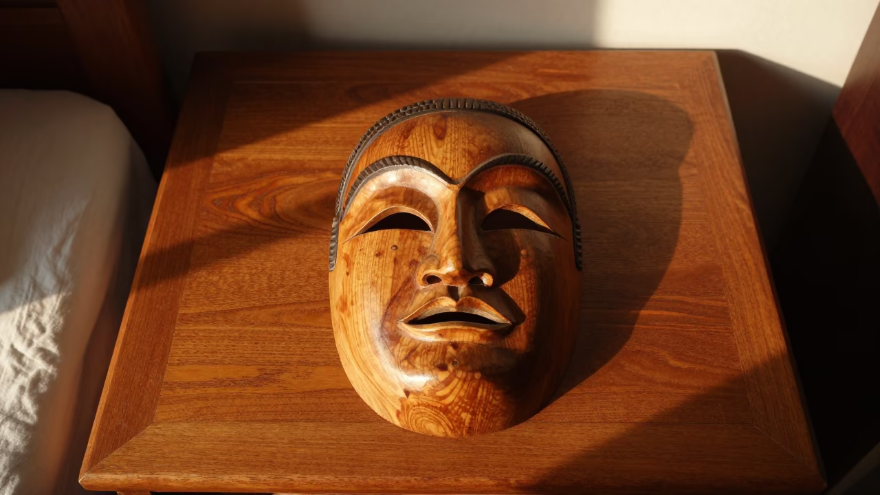 Carved Wooden Mask in Sunset Light on Table in on a bedside table near Ningbo