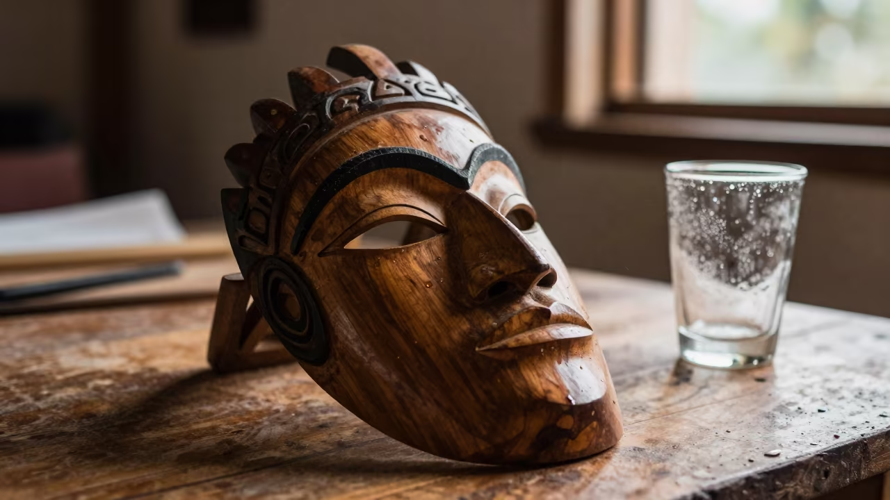 Carved Wooden Mask on Workbench in on a wooden workbench in Maceio