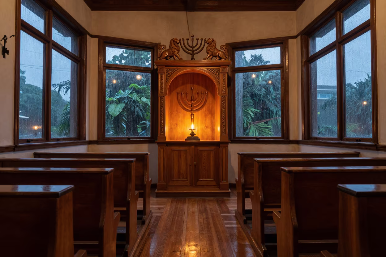 Carved Wooden Synagogue Interior with Lion Motifs in beside a carved Torah ark in Florianopolis