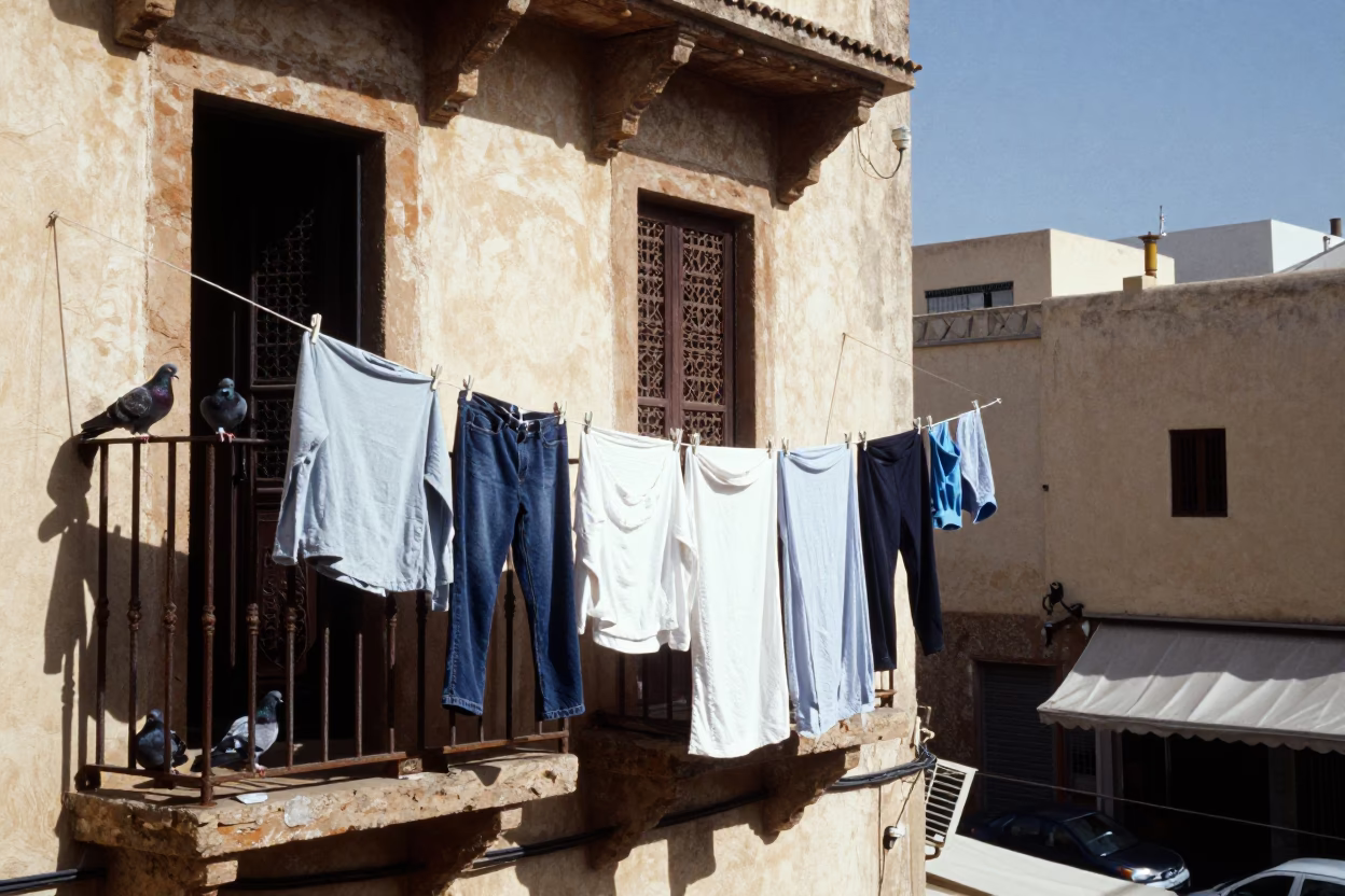 Casablanca Balcony Laundry Hanging in Flat Noon Light in in Casablanca, Morocco