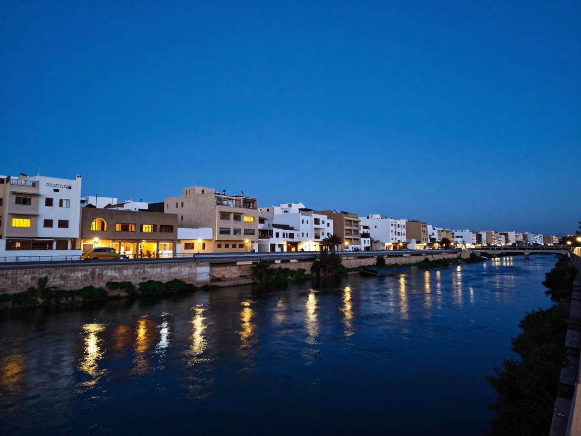 Casablanca Blue Hour Monorail Sweep Over The Bouregreg River With Urban Reflections in in Casablanca, Morocco
