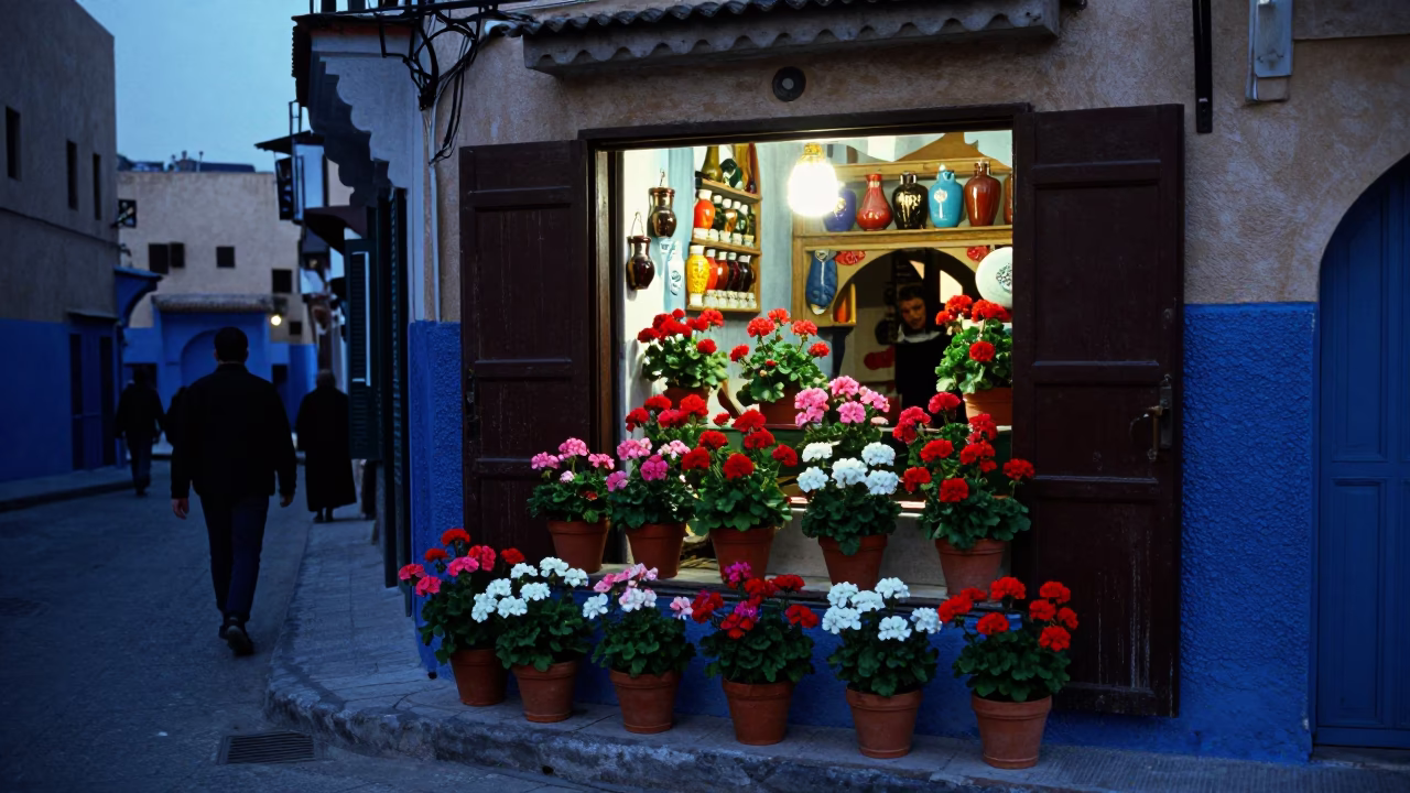 Casablanca Blue Hour Street Scene With Geraniums And Spice Jars in in Casablanca, Morocco