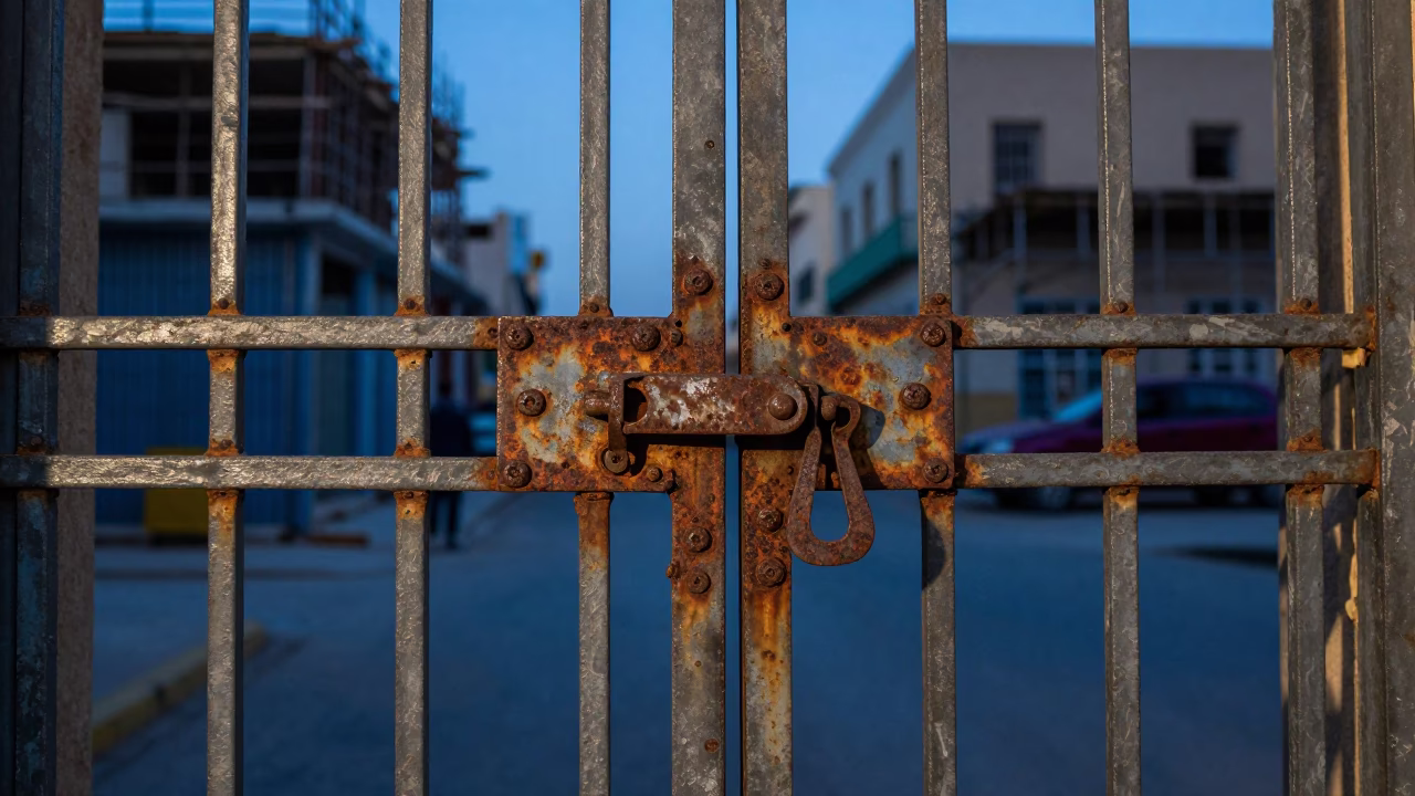 Casablanca Blue Hour Street Scene With Rusty Latch And Construction Site in in Casablanca, Morocco