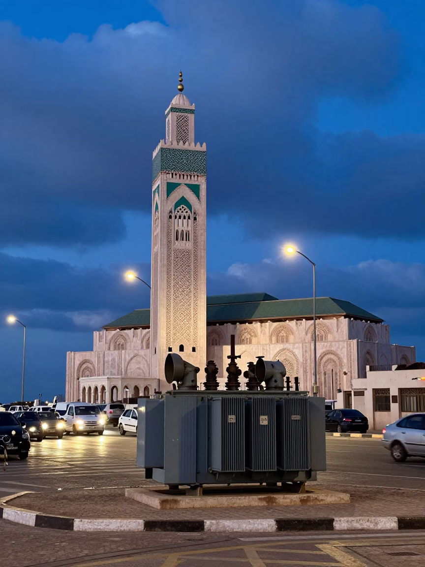 Casablanca Blue Hour Street Scene with Transformer and Local Life in in Casablanca, Morocco