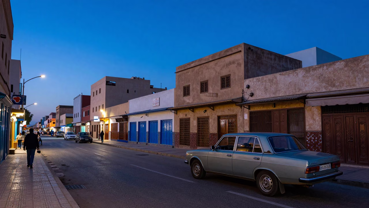 Casablanca Blue Hour Street Scene with Vintage 1990s Architecture and Local Life in in Casablanca, Morocco