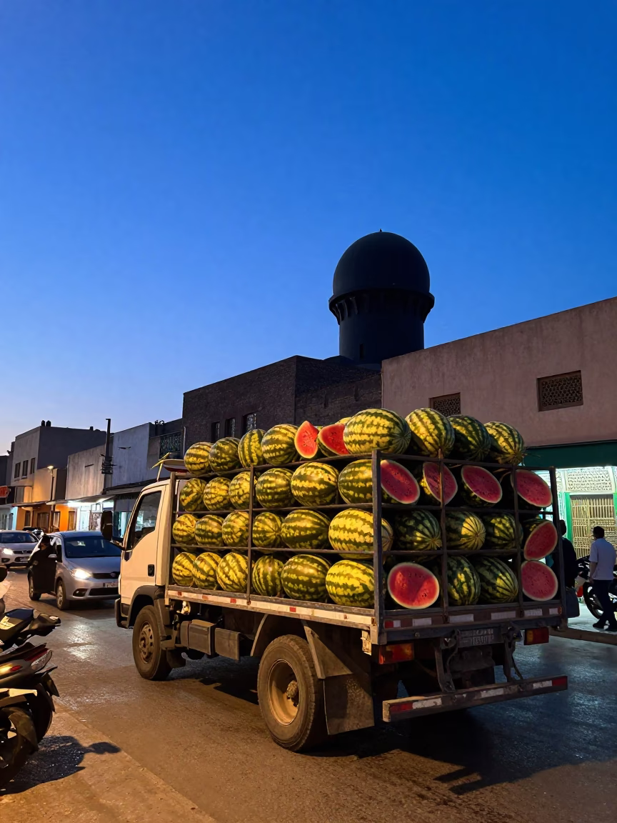 Casablanca Blue Hour Street Scene with Watermelon Truck and Observatory Silhouette in in Casablanca, Morocco
