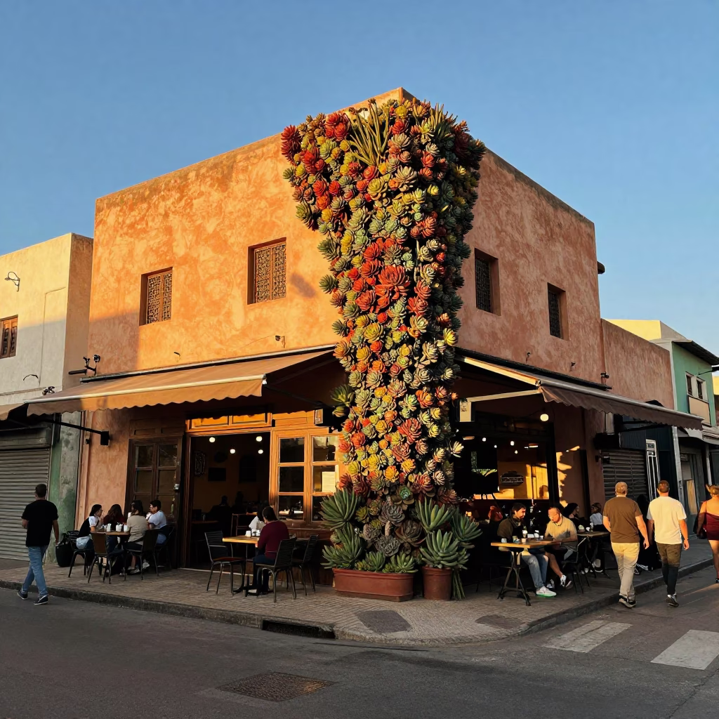 Casablanca Cafe Exterior at Sunset with Succulent Living Wall and Bougainvillea in in Casablanca, Morocco
