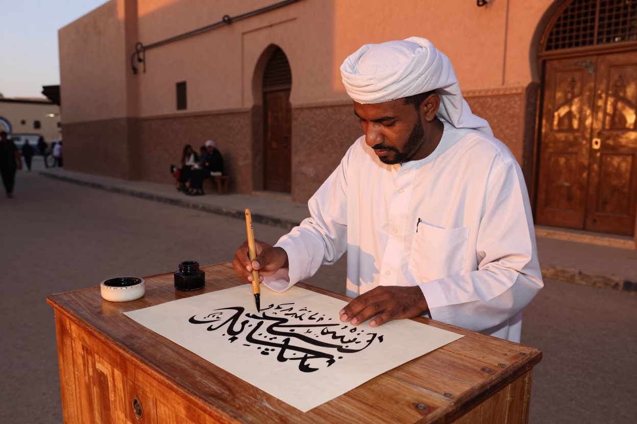 Casablanca Calligraphy Demonstration at Copper-toned Light Before Dusk in in Casablanca, Morocco