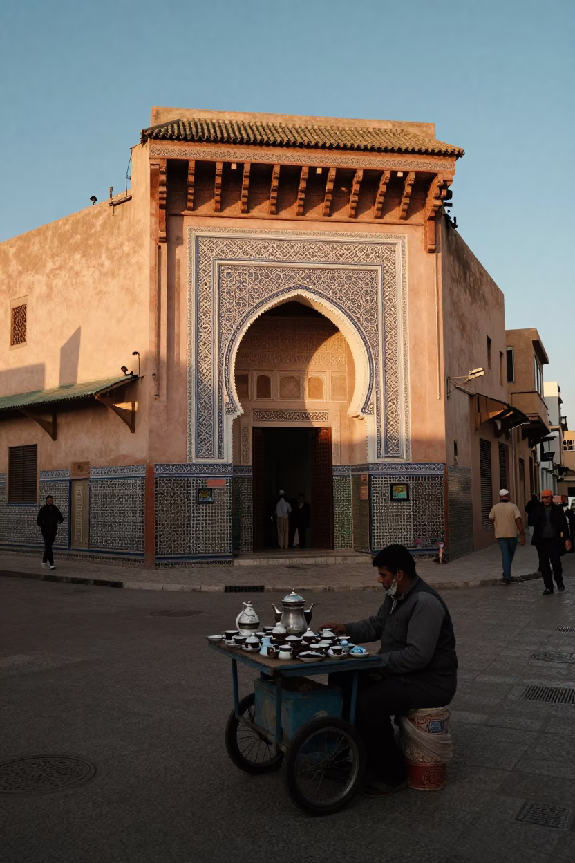 Casablanca Dawn Street Scene with Traditional Tea Service and Local Market Activity in in Casablanca, Morocco