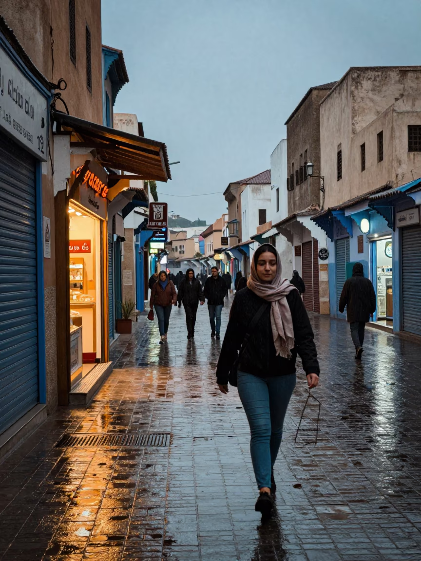 Casablanca Dusk Street Scene with Wet Pavement and Scarf in in Casablanca, Morocco