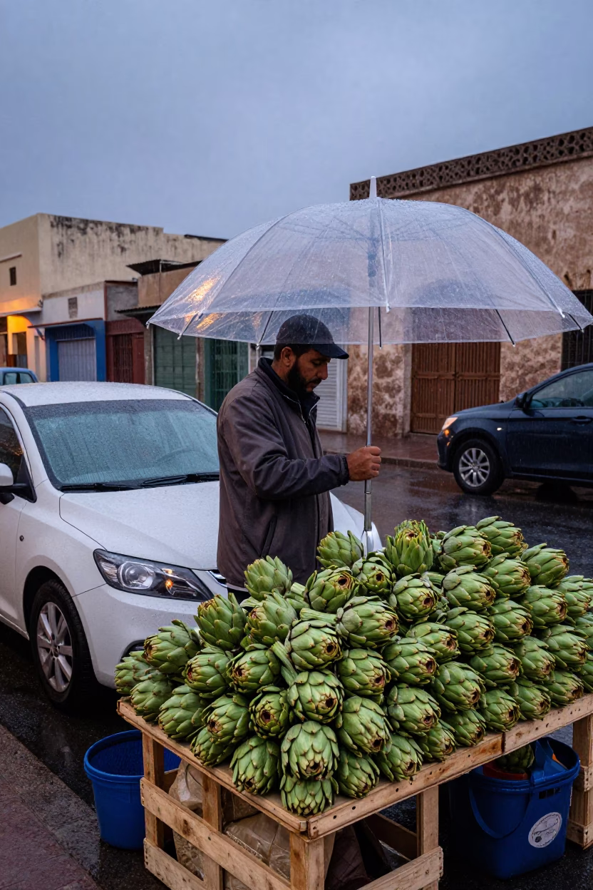 Casablanca Dusk Street Vendor Selling Fresh Artichokes Under Umbrella in in Casablanca, Morocco
